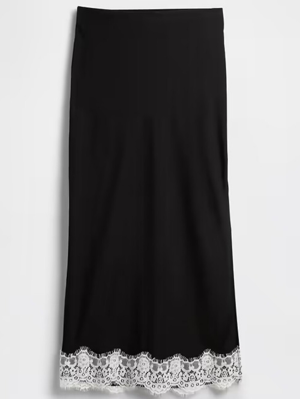 NWT - GAP Black Satin Slip Midi Skirt with White Lace Hem - Size XL